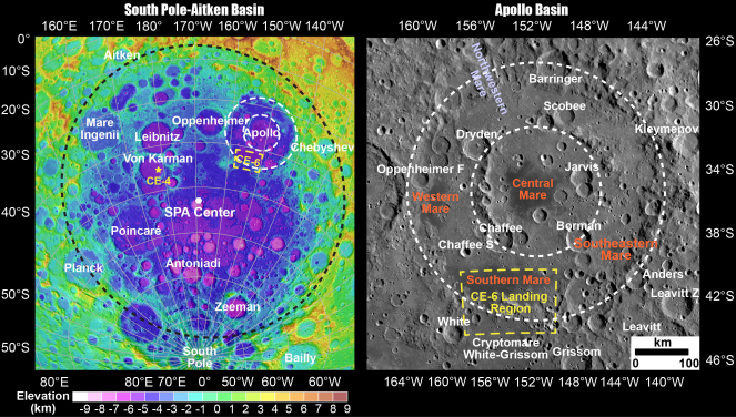 嫦娥六號着陸區位於阿波羅盆地南部，南極-愛肯盆地東北部。（圖片提供：錢煜奇博士）